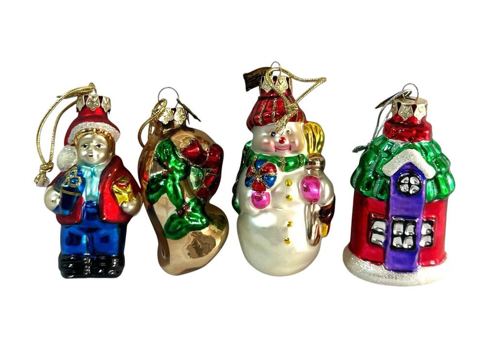 Thomas Pacconi Classics Glass Christmas Ornaments Set of 4 Boy Snowman House 3”